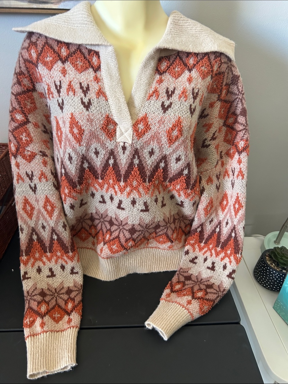 Neutral Collared V-Neck Sweater with Rust & Brown Fair Isle Motif
